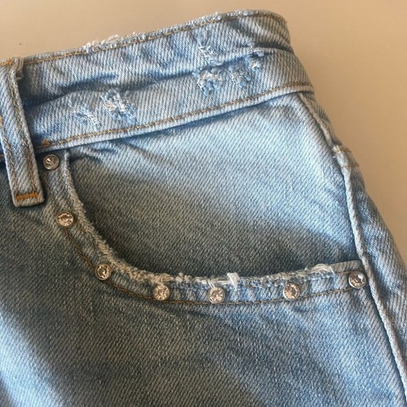 Zara High Waisted Denim Rhinestone Distressed Shorts - Picture 3 of 8